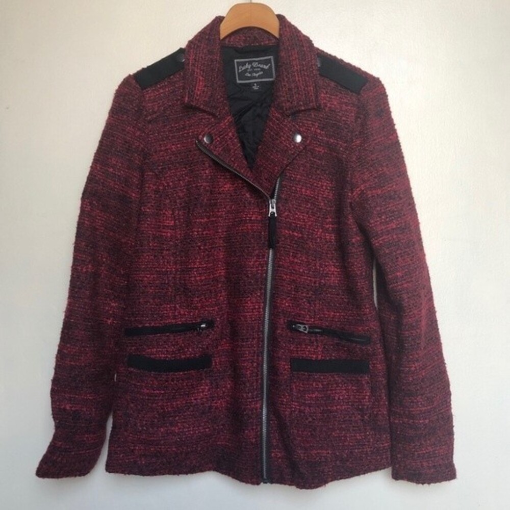 Lucky Brand Red Tweed Motorcycle Blazer Jacket Size Small Office Careerwear